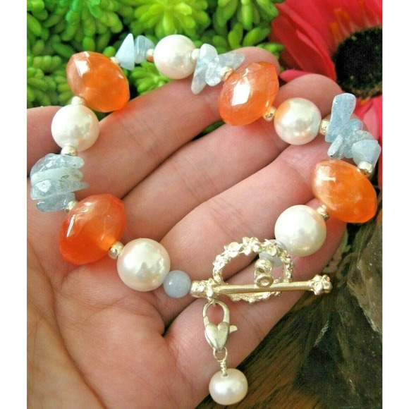 New Natural Blue Quartz Crystal & Pearl Bracelet w/ Sterling Silver Pearl Accent - Picture 2 of 7